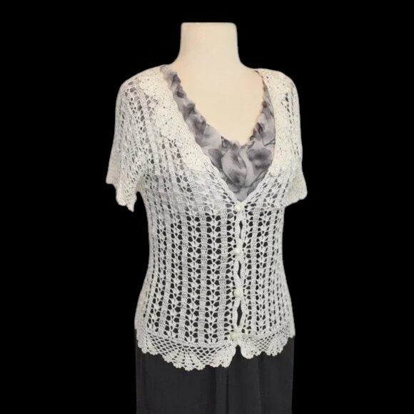 Vintage Artisan Hand Crochet Cardigan Short Sleeve Button Front - Picture 1 of 7